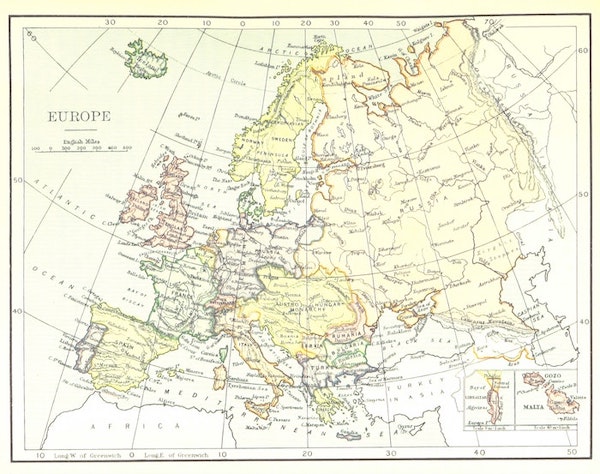 A vintage map of Europe.